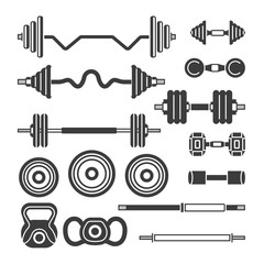 Set of gym equipment - modern vector monochrome isolated clip art