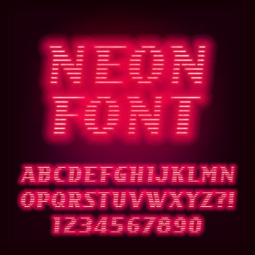 Red neon tube alphabet font. Neon color oblique letters and numbers. Stock vector typeset for your headers or any typography design.