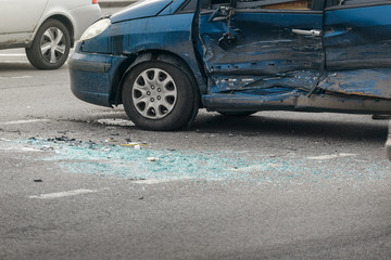 Fototapeta na wymiar car crash accident on street, damaged automobiles after collision in city