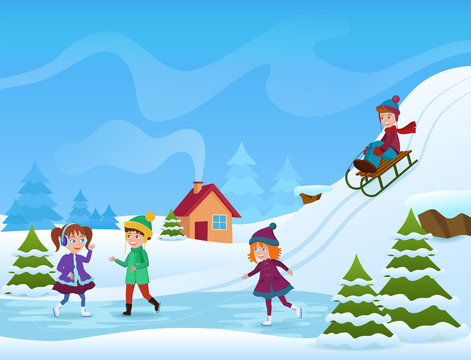 Vector Illustration of cheerful kids ice skating and sledging in winter. Winter holifays card.