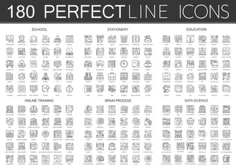 180 outline mini concept icons symbols of school, stationery, education, online training, brain mind process, data science icon
