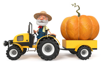 3d illustration farmer with a big pumpkin