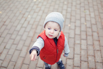 Beautiful stylish baby boy 2 years old walking in fallen leaves - autumn scene. Toddler have fun outdoor in autumn yellow park