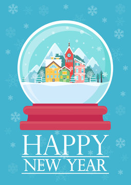 Vector illustration of glass ball with snowy town and Happy New Year words. Christmas greeting card.