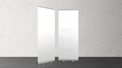 Roll up banners stand. Blank template mockup. Exhibition stand roll-up banner, isolated screen for you design.