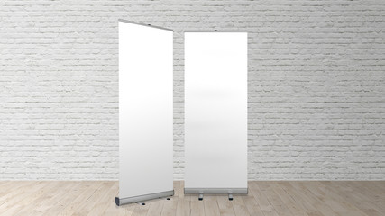 Roll up banners stand. Blank template mockup. Exhibition stand roll-up banner, isolated screen for you design.