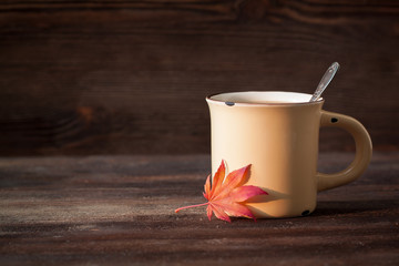 Old book with colourful maple leaves on wooden background