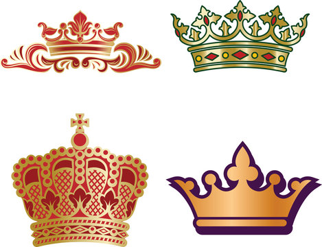 Set of different type monarch crowns for king and queen, prince and princes.