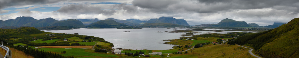 Fototapeta na wymiar Panorama seascape with mountains and islands, Lofotens, Norway