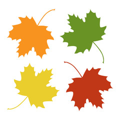 Maple leaves in autumn colors, flat vector icon set, isolated on white background. Graphic print or pattern.