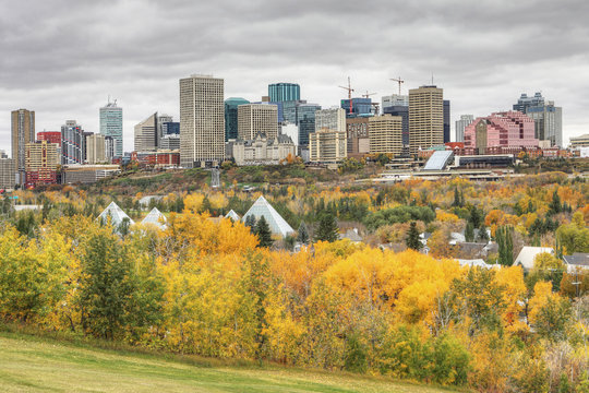 Edmonton cityscape with colorful aspen in autumn