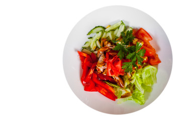 Teriyaki Chicken salad . isolated on white. with copy space. top view
