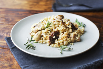 delicious rice with mushrooms and rosemary, risotto.