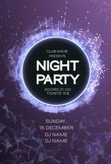 Night Party Dance Poster Background. Event celebration flyer. Futuristic technology style. Big data. abstract design with plexus. Disco Vector illustration. Used for banner, card, poster