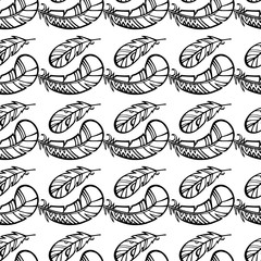 Seamless pattern black and white with hand-drawn feathers. Vector illustration. White bacground.