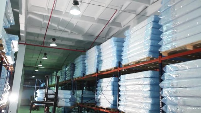 mats production, mattress warehouse on production, skidder for mattresses, modern factory, mattresses in stock, general plan, interior