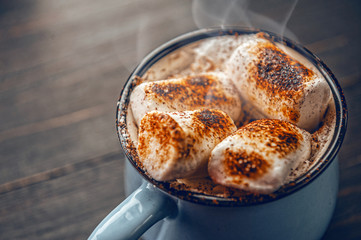 a mug of hot chocolate with marshmallow.