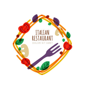 Hand Drawn Doodle Isolated Frame With Italian Spaghetti, Tomato, Basil, Fork. Vector Logo, Emblem Design Template. Concept For Pasta Label, Restaurant Menu, Cafe, Fast Food Or Pizzeria.