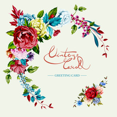 Vintage greeting card with flower wreath. Bouquet of wild roses, roses, cornflower and peony with leaves. Can be used as invitation, greeting card, celebration, etc. Hand drawn