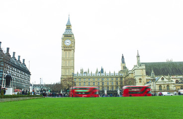 London city view with Big Ben and green grass