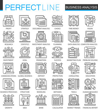 Business analytics outline mini concept symbols. Business strategy modern stroke linear style illustrations set. Perfect thin line icons.