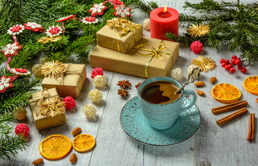 Christmas festive card with fir branches and festive decor