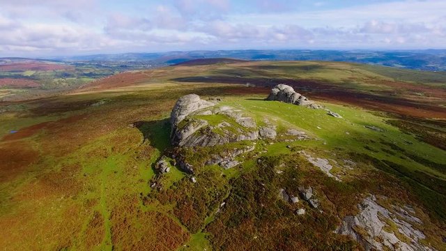 Aerial Drone Footage of Haytor & Stunning British Countryside, Dartmoor National Park, Devon Landscape
