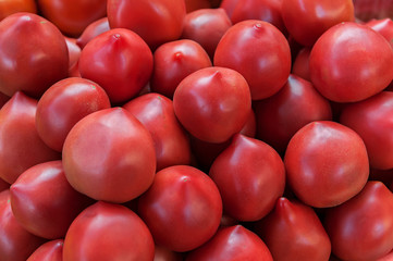 Delicious red tomatoes. A pile of tomatoes. Summer tray market agriculture farm full of organic tomatoes. Fresh tomatoes