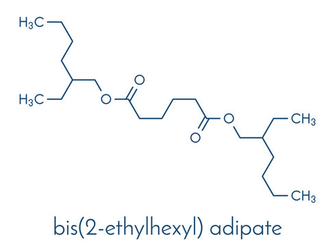 Bis(2-ethylhexyl) adipate (DEHA, diisooctyl adipate) plasticizer molecule. Skeletal formula.