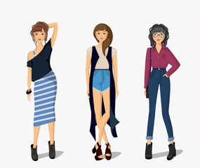 Fototapeta premium fashion girl icon set. hipster girl style. slim figure. poster for clothes promotion. women dressed in accessories. Young girl is walking out. Beautiful fashion style set