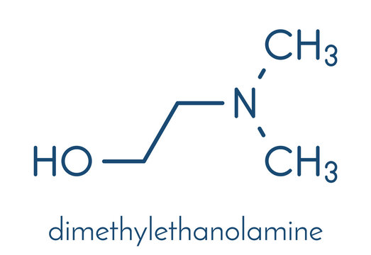 Dimethylaminoethanol (dimethylethanolamine, DMEA, DMAE) molecule. May have beneficial effects on health, including lifespan increase. Skeletal formula.
