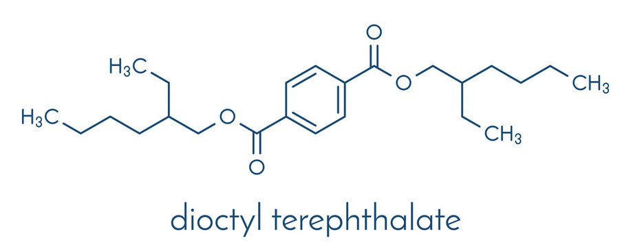 Dioctyl terephthalate (DOTP, DEHT) plasticizer molecule. Phthalate alternative, used in PVC plastics. Skeletal formula.