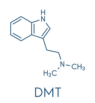 Dimethyltryptamine (DMT) psychedelic drug molecule. Present in the drink ayahuasca. Skeletal formula.