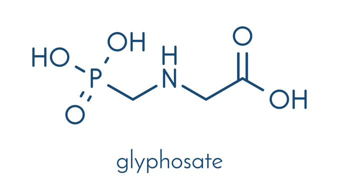 Glyphosate herbicide molecule. Crops resistant to glyphosate (genetically modified organisms, GMO) have been produced by genetic engineering. Skeletal formula.