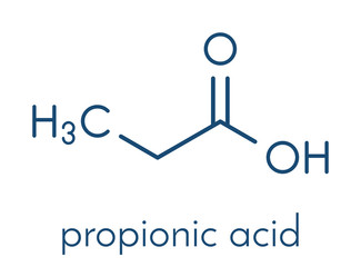 Propionic acid (propanoic acid) molecule. Used as preservative in food. Skeletal formula.