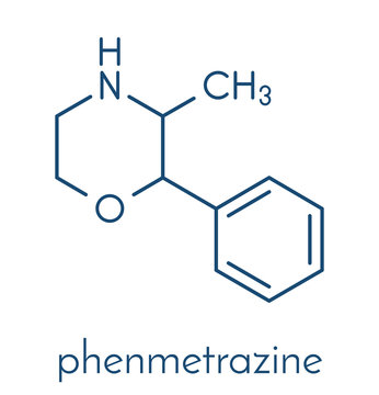 Phenmetrazine stimulant drug molecule (amphetamine class). Used as stimulant and appetite suppressant. Skeletal formula.