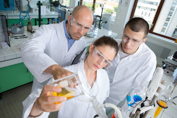 students chemists studying molecular model in chemical lab