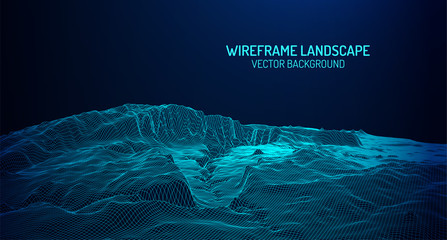 Abstract digital landscape with particles dots and stars on horizon. Wireframe landscape background. Big Data. 3d futuristic vector illustration. 80s Retro Sci-Fi Background