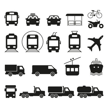 Public and commercial transport simple icons silhouette set