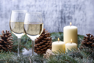 New Year card  design with two glass-wine, candles and christmas tree