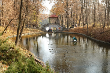Autumn landscape with a landmark "Chinese bridge".