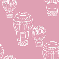 Silhouettes hot air balloons in retro style on pink background. Seamless vector pattern.