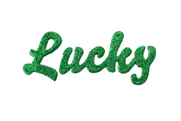 The word "lucky" spelled with green glitter