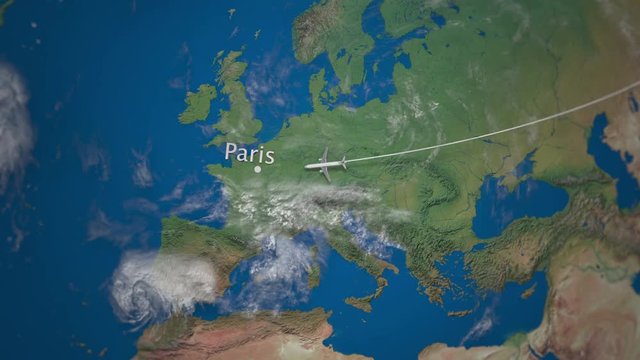 Route of commercial airplane flying from Beijing to Paris the Earth globe. International trip intro animation