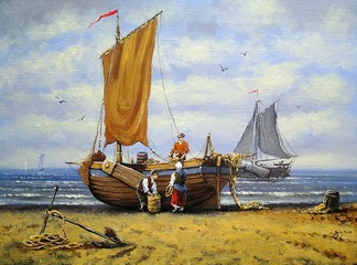 Obrazy na Szkle  Ships, fisherman, sea  landscape. Oil paintings, canvas, art