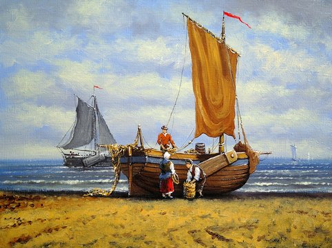 Ships, fisherman, sea  landscape. Oil paintings, canvas, art