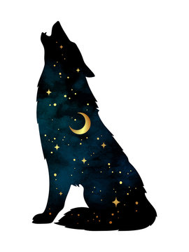 Silhouette of wolf with crescent moon and stars isolated. Sticker, print or tattoo design vector illustration. Pagan totem, wiccan familiar spirit art