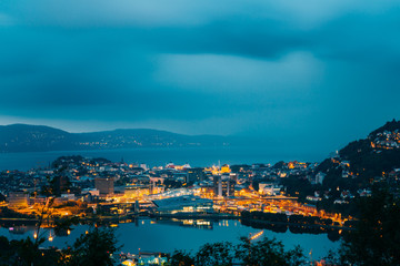 Bergen, Norway. Panoramic View Cityscape Of Bergen And Harbor Fr