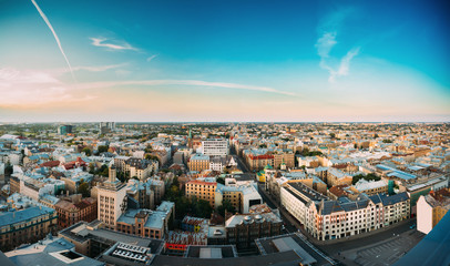Riga, Latvia. Riga Panorama Cityscape. Top Aerial View Of Baznicas Street