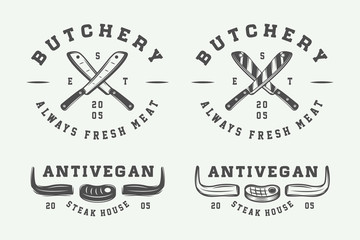 Set of vintage butchery meat, steak or bbq logos, emblems, badges, labels. Graphic Art. Vector Illustration.